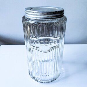 Vintage Hoosier Ribbed Glass Coffee Canister, Original Lid, 1930s Depression Era